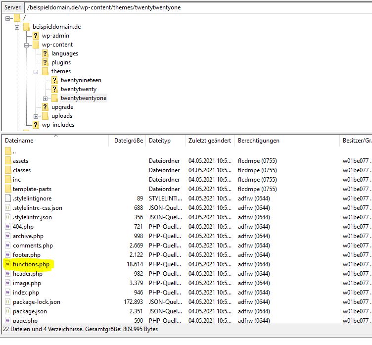 Filezilla zeigt Ordnerstruktur inkl. functions.php im WordPress