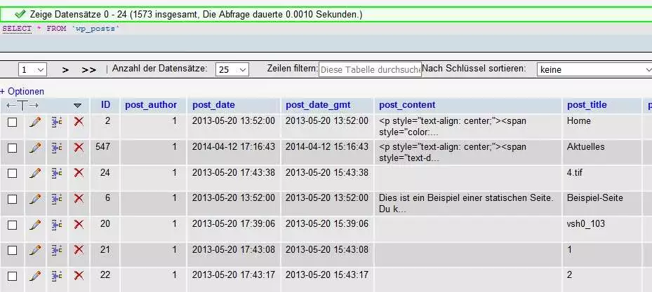 Ansicht auf die Posts-Tabelle im phpMyAdmin