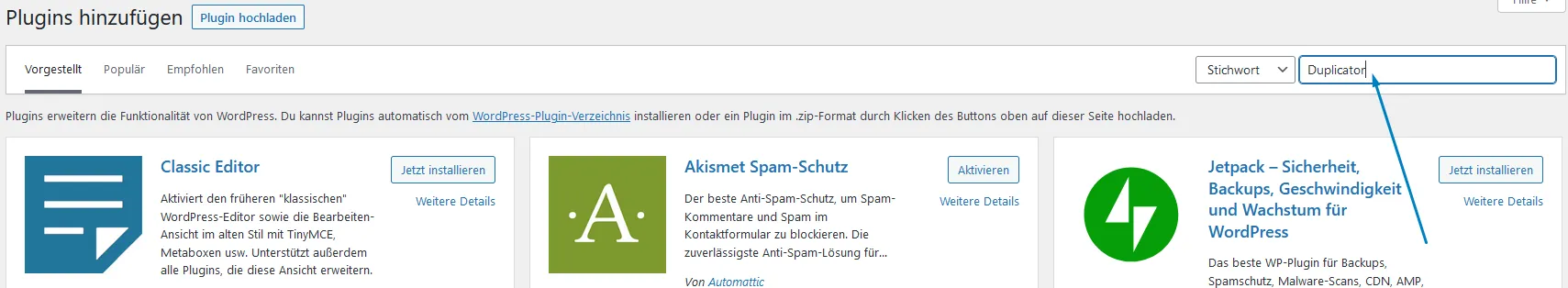 WordPress Dashboard Plugins suchen