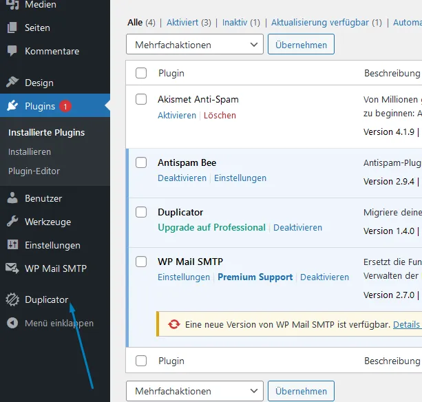 WordPress Duplicator aktiv