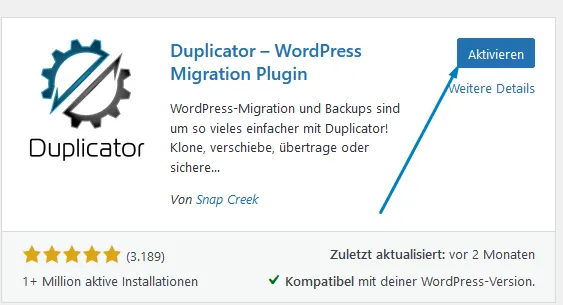 WordPress Duplicator aktivieren