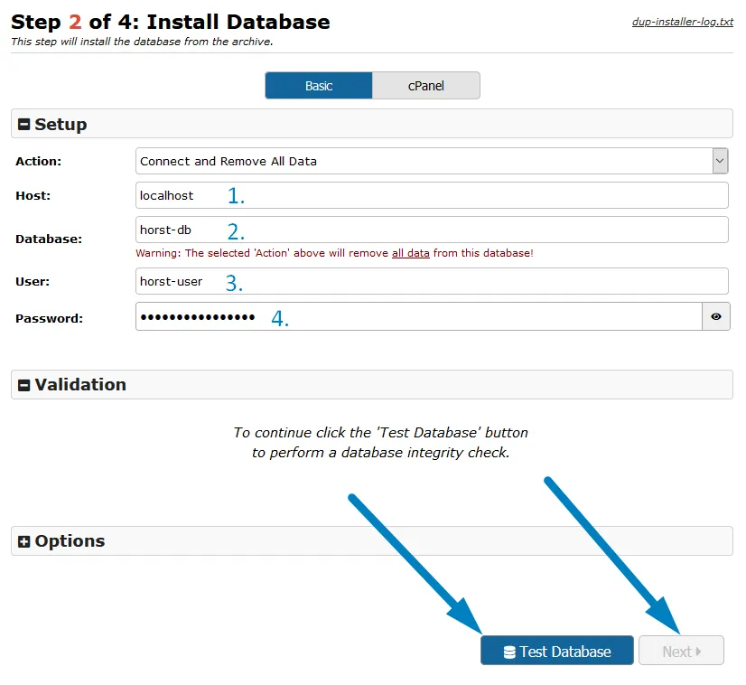 WordPress Duplicator Assistent Schritt 2-1