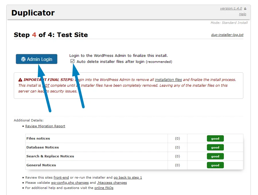 WordPress Duplicator Assistent Schritt 4