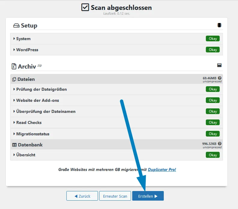 WordPress Duplicator Erstellen drücken