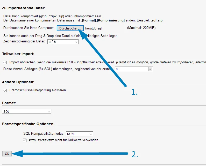 WordPress umziehen PMA importieren 2